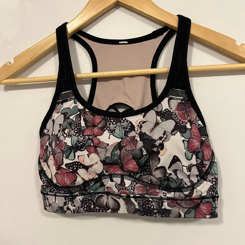 Lululemon Sweaty Or Not Bra II So Fly Butterfly Angel Wing Multi/Black 6